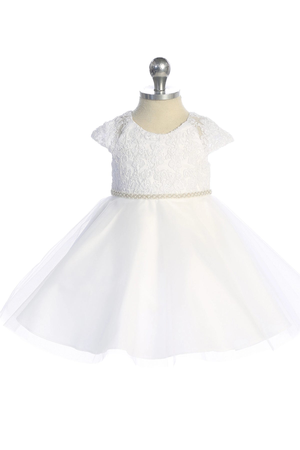 This white flower girl dress displays beaded waist trim.