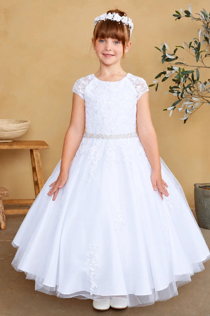 Cap sleeves of sheer floral lace finish this white flower girl dress.