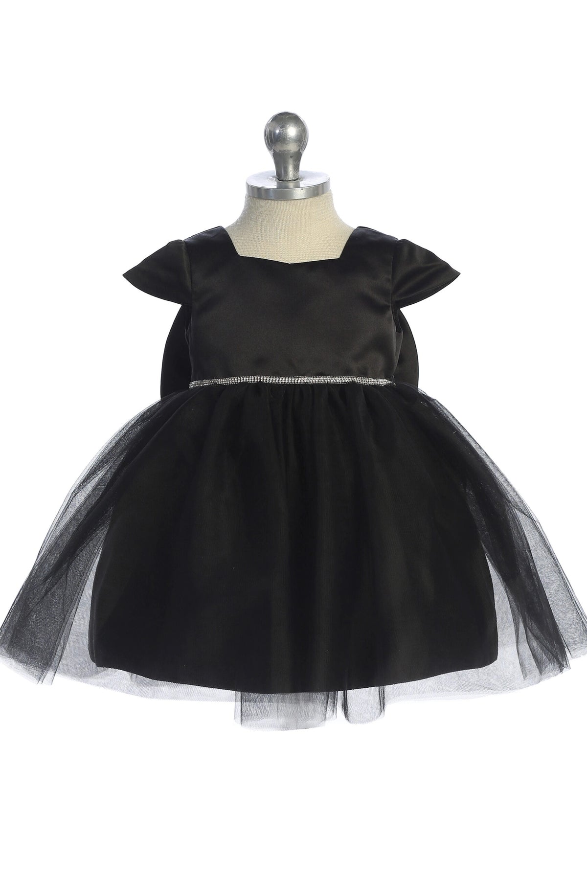 Visible details on the Black kids pageant dress include a square satin neckline and tulle skirt.