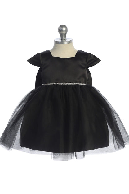 Visible details on the Black kids pageant dress include a square satin neckline and tulle skirt.
