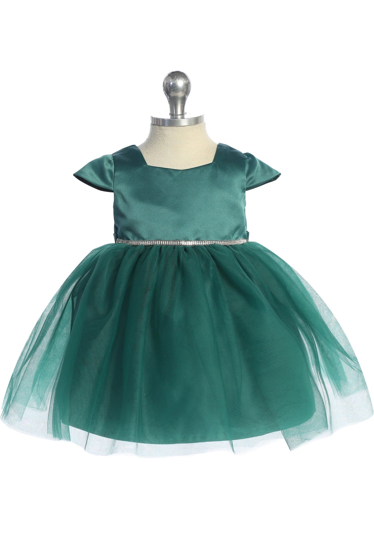 Visible details on the Emerald kids pageant dress include a square satin neckline and tulle skirt.