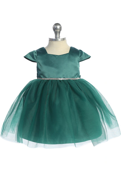 Visible details on the Emerald kids pageant dress include a square satin neckline and tulle skirt.