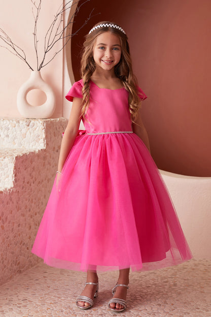 Fuchsia kids pageant dress featuring a square satin neckline and tulle skirt.
