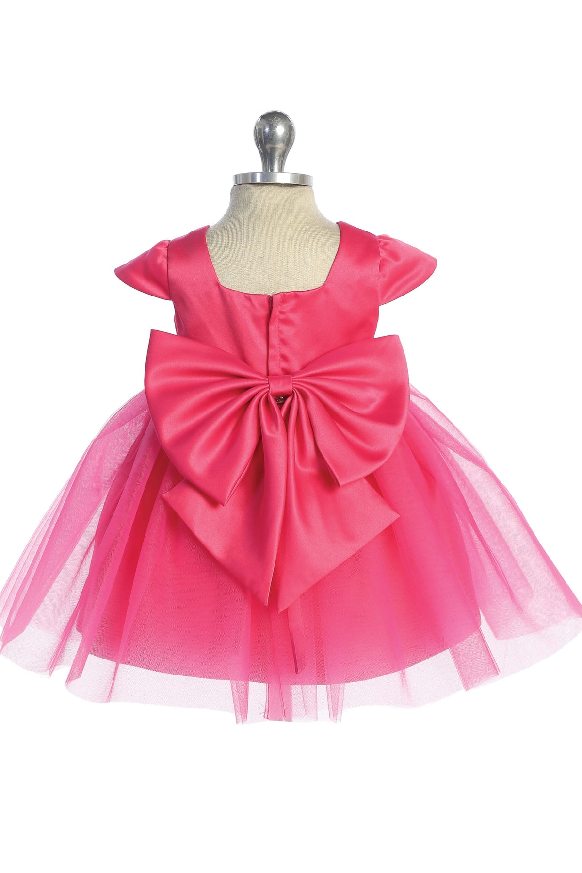 Seen from behind, this Fuchsia kids pageant dress displays a large satin bow and square back neckline.