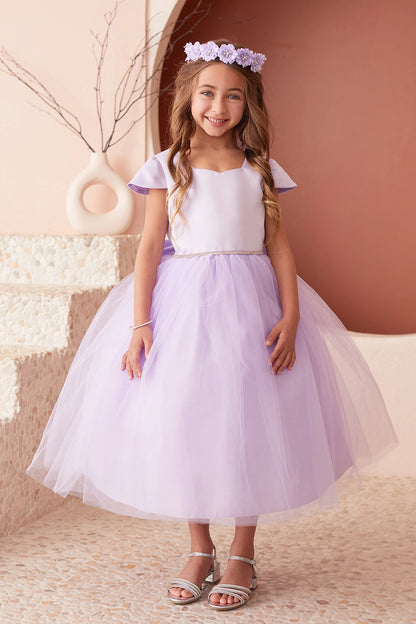 Lilac kids pageant dress featuring a square satin neckline and tulle skirt.