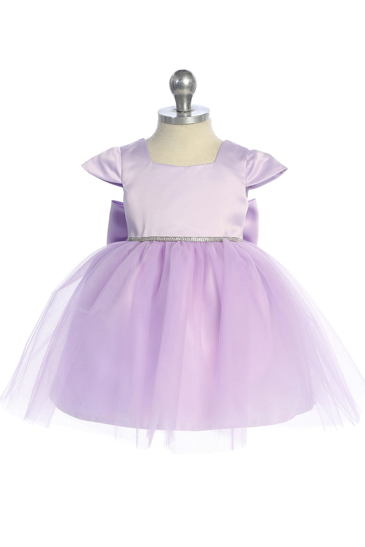 Visible details on the Lilac kids pageant dress include a square satin neckline and tulle skirt.