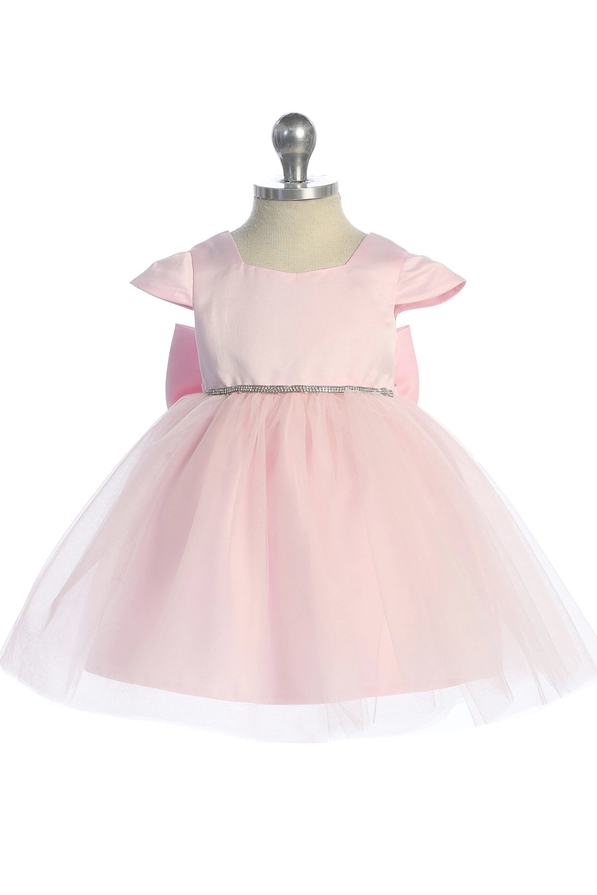Visible details on the Pink kids pageant dress include a square satin neckline and tulle skirt.