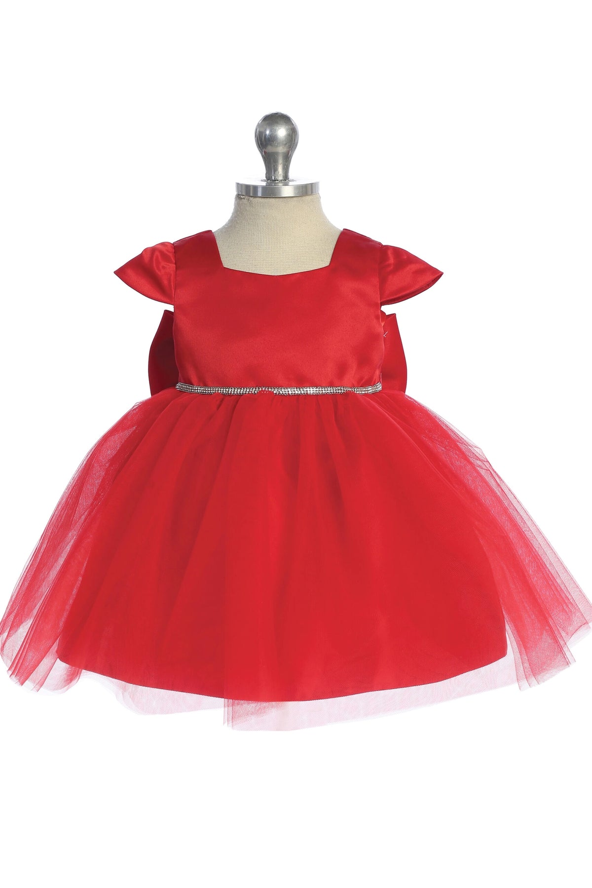 Visible details on the Red kids pageant dress include a square satin neckline and tulle skirt.