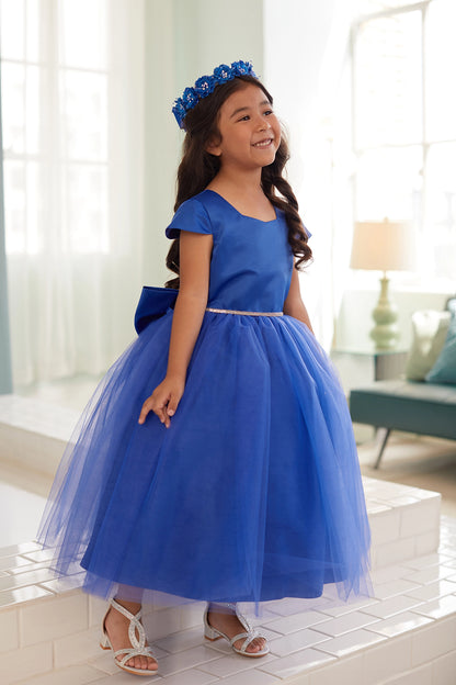 Royal Blue kids pageant dress featuring a square satin neckline and tulle skirt.