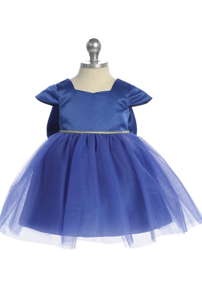 The Royal Blue kids pageant dress has a square satin neckline and tulle skirt.