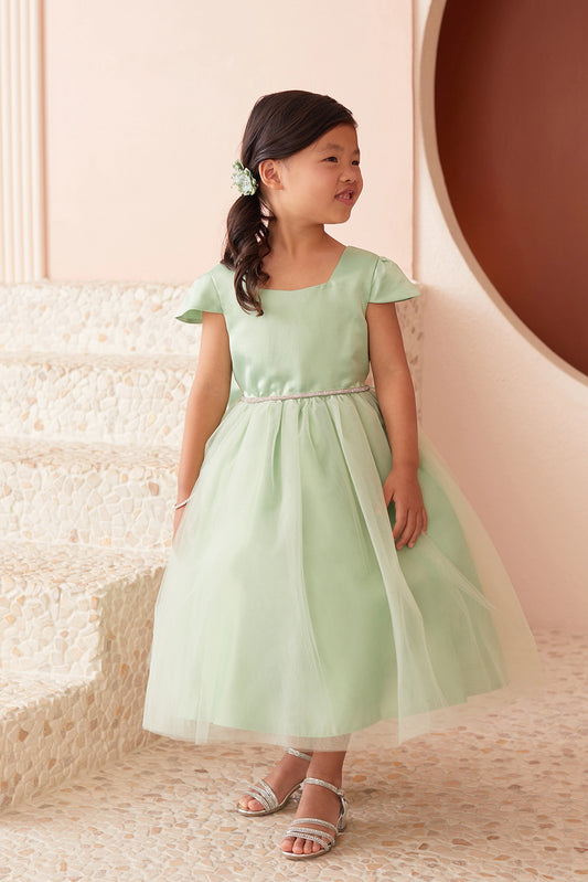 Sage kids pageant dress featuring a square satin neckline and tulle skirt.
