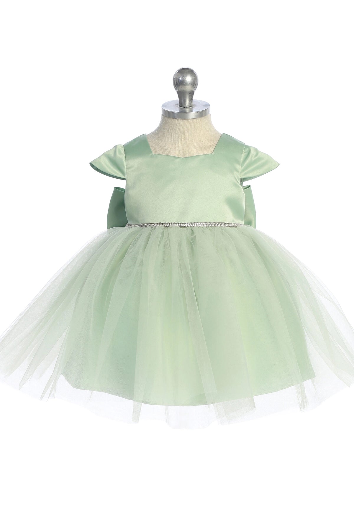 Visible details on the Sage kids pageant dress include a square satin neckline and tulle skirt.