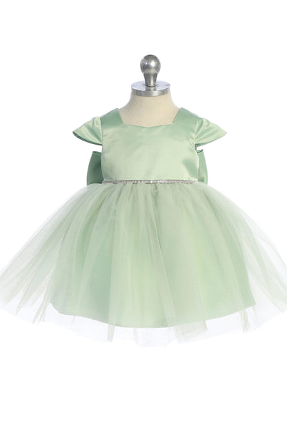 Visible details on the Sage kids pageant dress include a square satin neckline and tulle skirt.