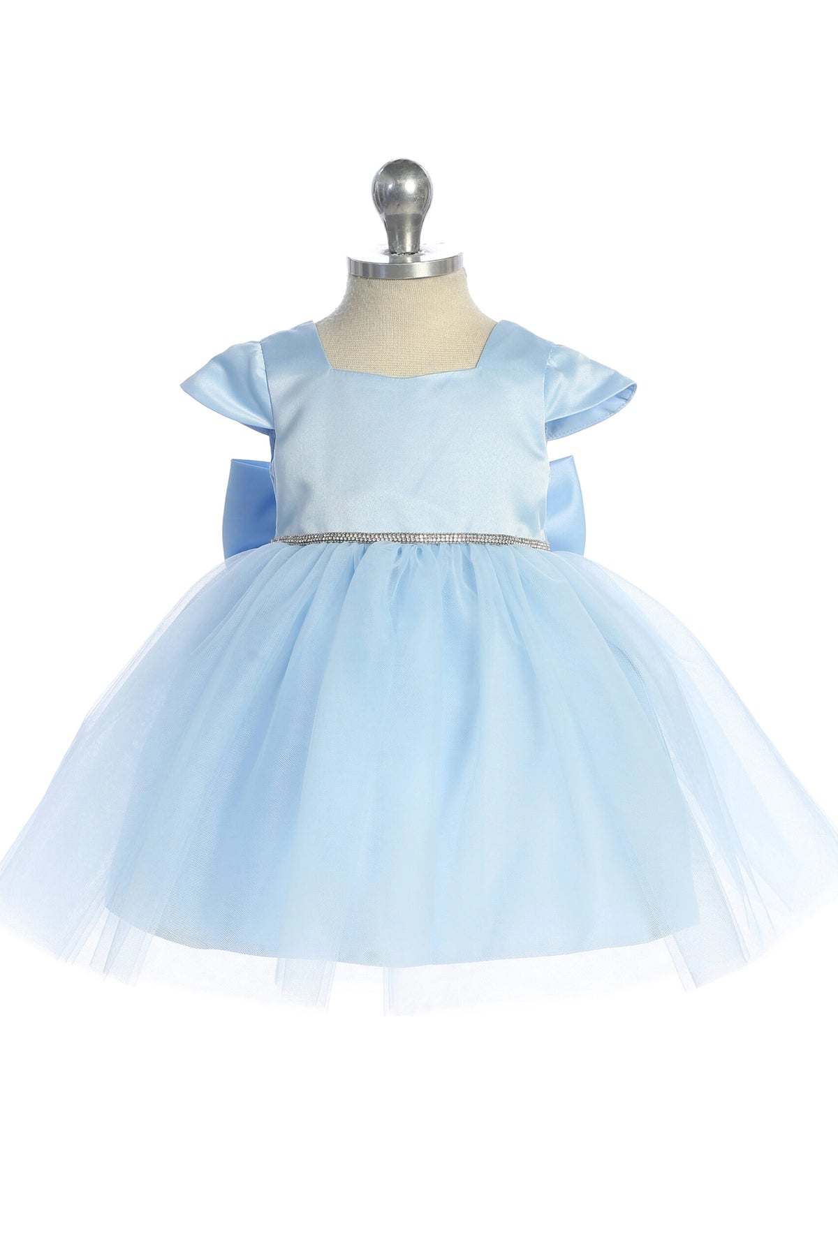 The Sky Blue kids pageant dress has a square satin neckline and tulle skirt.