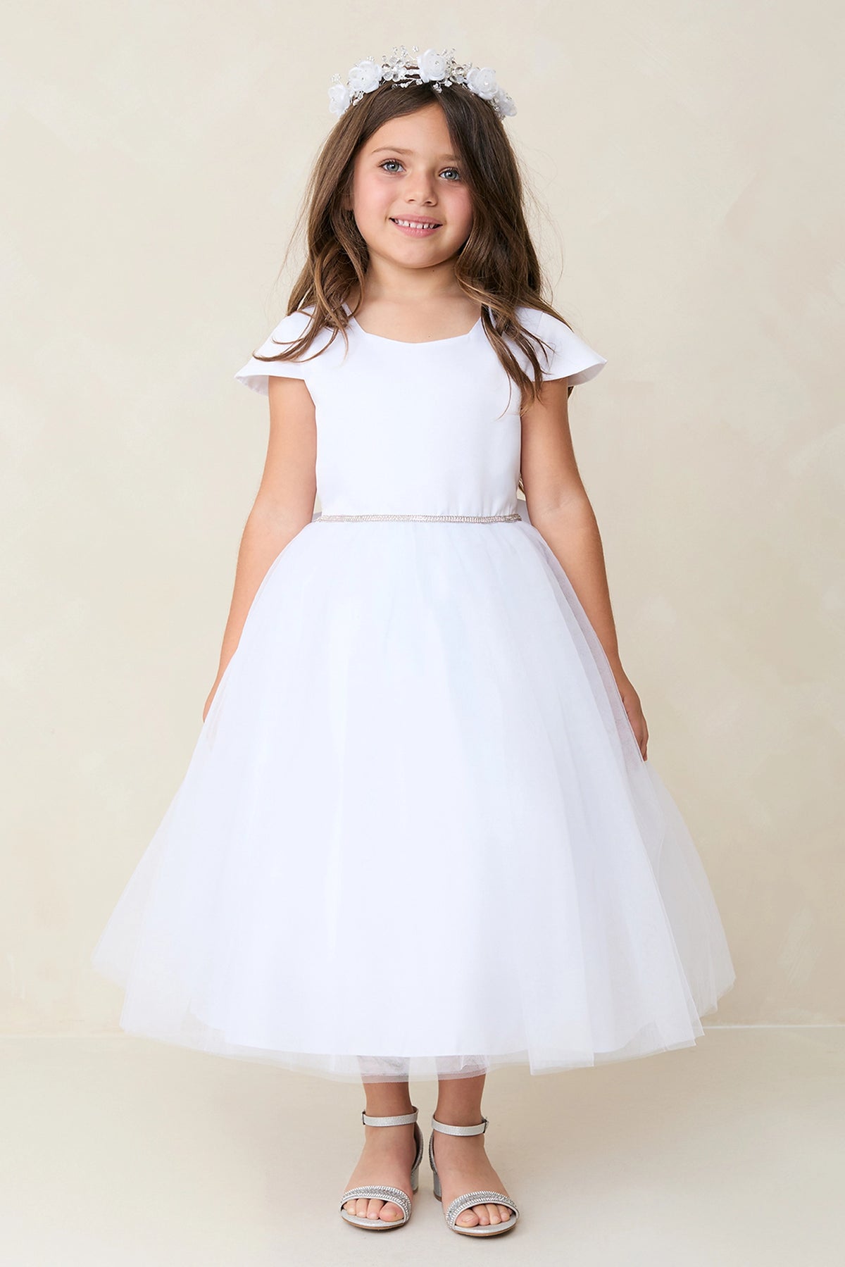 White kids pageant dress featuring a square satin neckline and tulle skirt.