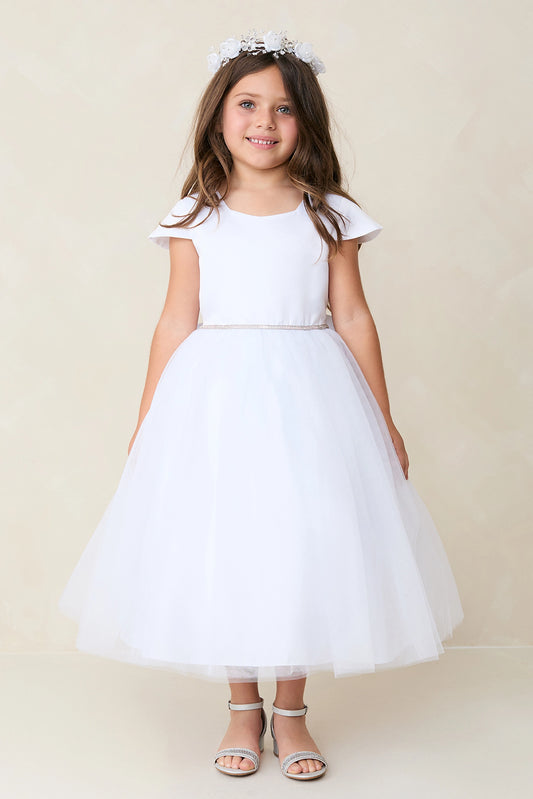 White kids pageant dress featuring a square satin neckline and tulle skirt.
