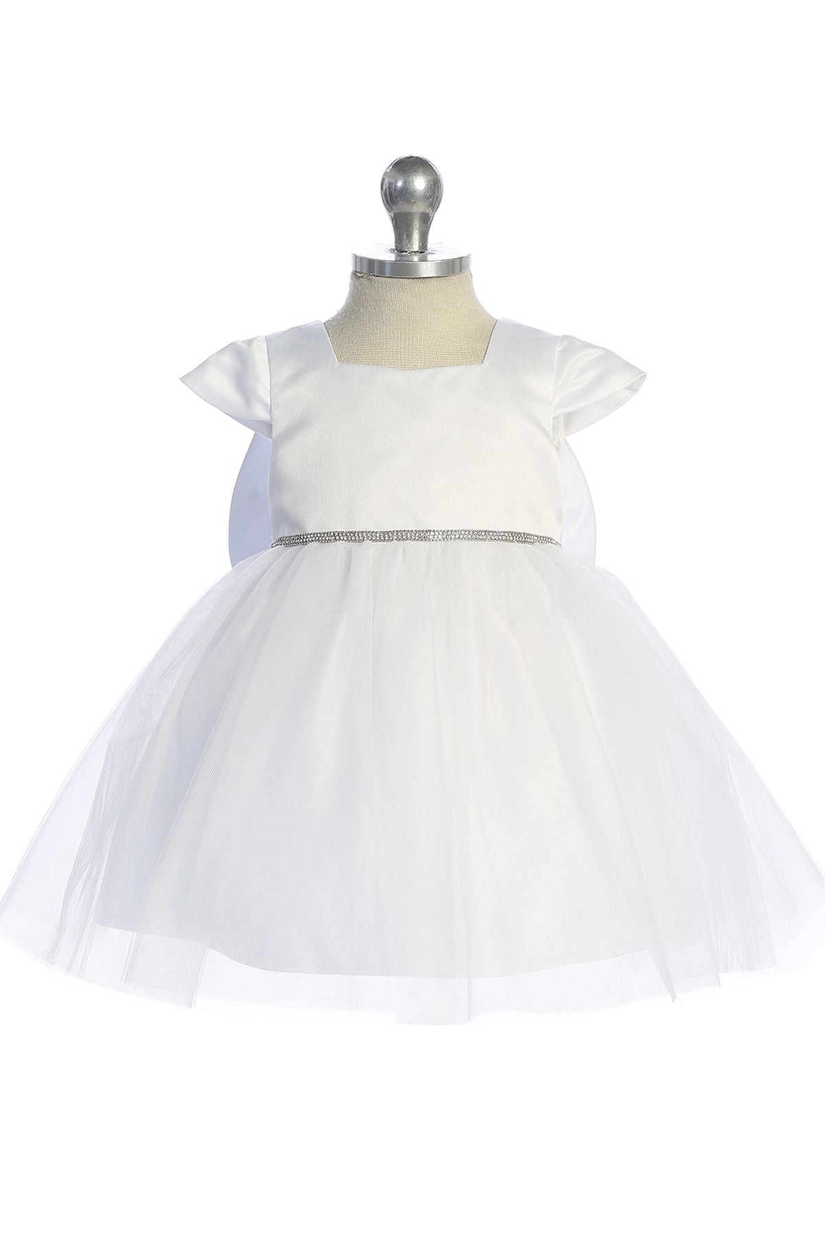 Visible details on the White kids pageant dress include a square satin neckline and tulle skirt.
