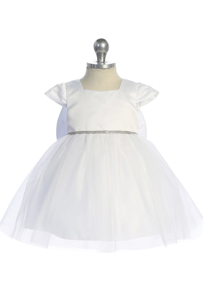 Visible details on the White kids pageant dress include a square satin neckline and tulle skirt.