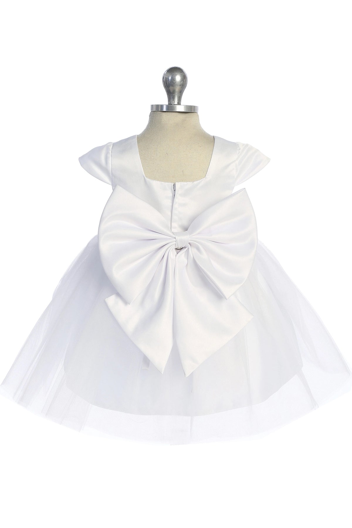 Seen from behind, this White kids pageant dress displays a large satin bow and square back neckline.