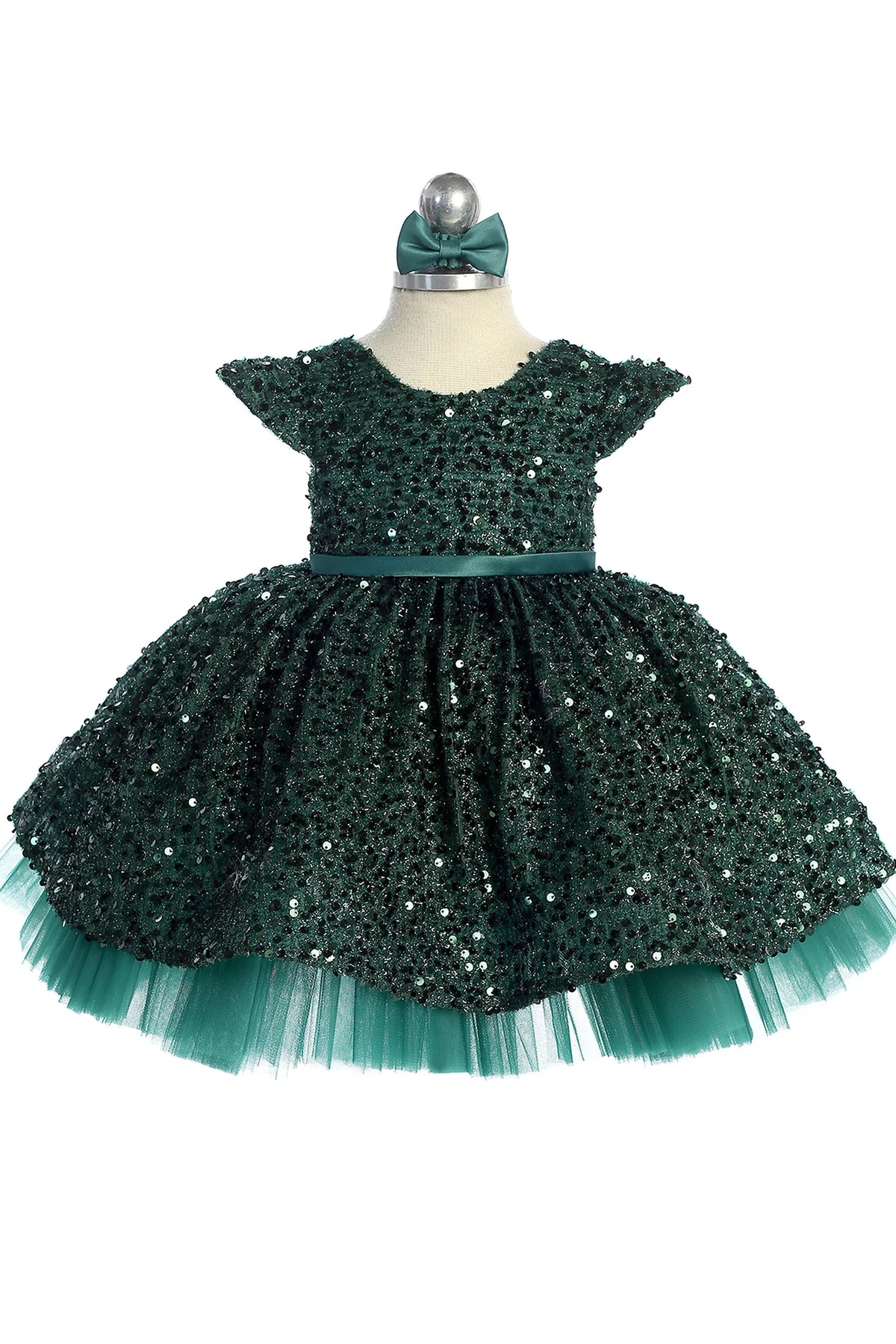 Emerald kids pageant dress featuring cap sleeves and allover sequins.