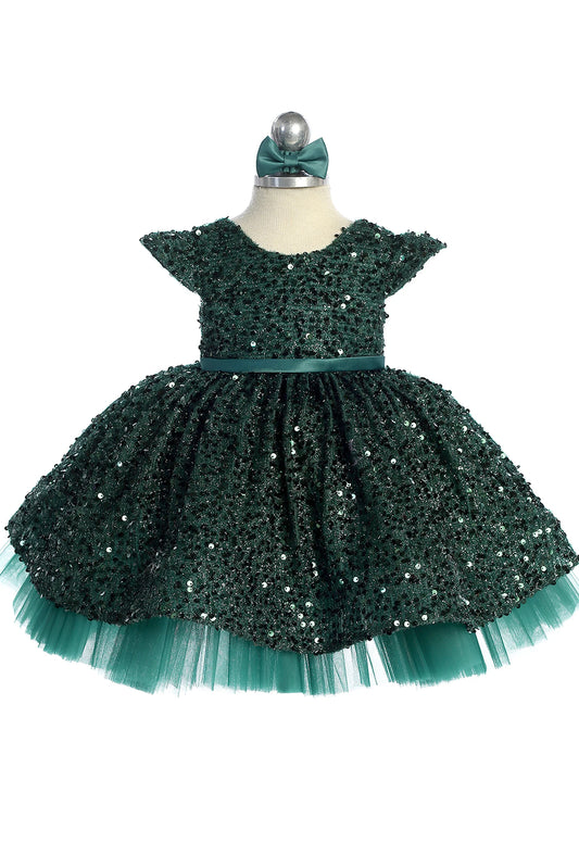Emerald kids pageant dress featuring cap sleeves and allover sequins.