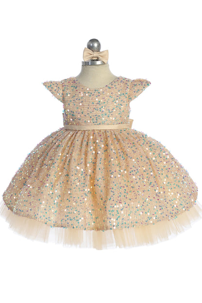 Gold kids pageant dress featuring cap sleeves and allover sequins.