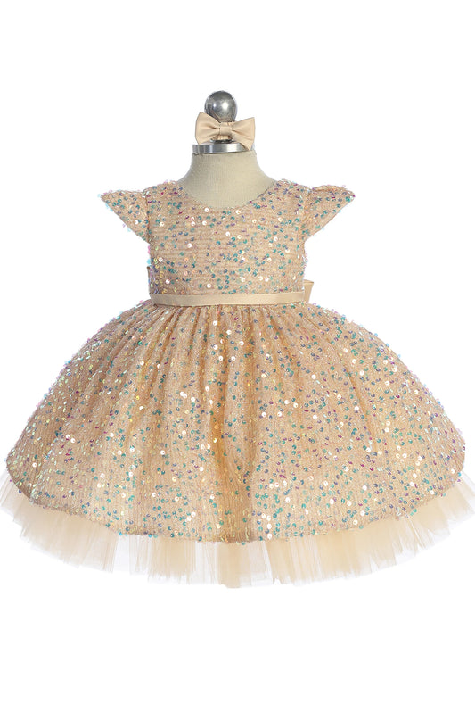 Gold kids pageant dress featuring cap sleeves and allover sequins.