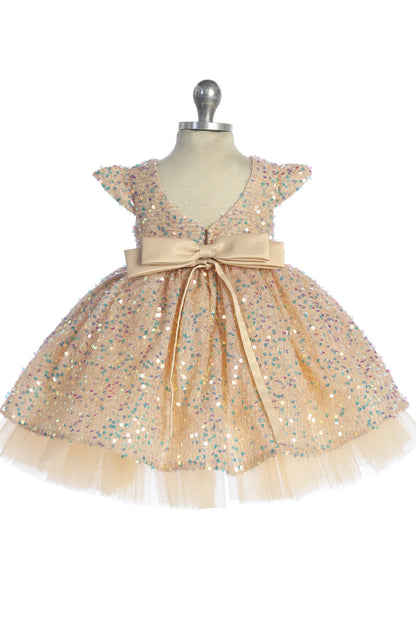 The Gold kids pageant dress has a tied sash across the back waist.