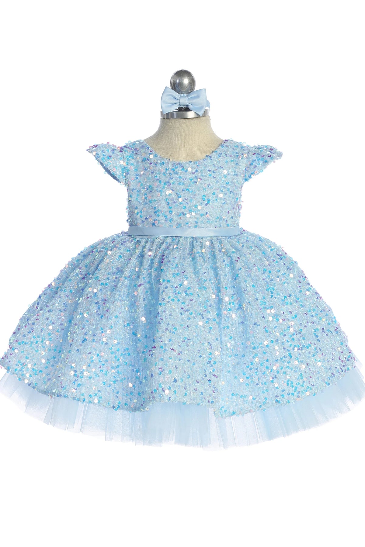 Sky Blue kids pageant dress featuring cap sleeves and allover sequins.