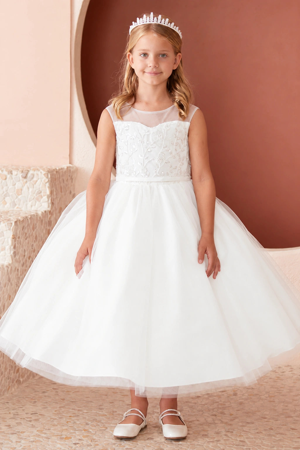 Front view of the ivory beaded floral lace with a mesh skirt flower girl dress.