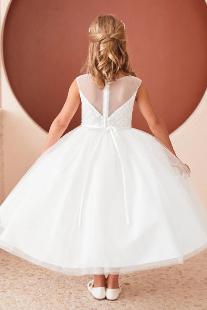 Back view of the ivory beaded floral lace with a mesh skirt flower girl dress.