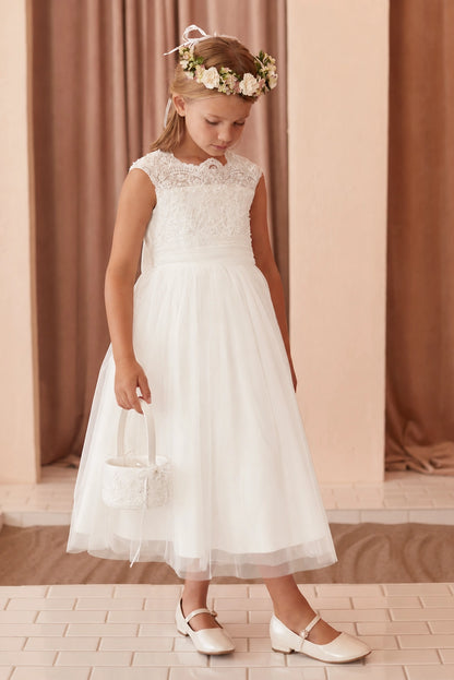 Off-White flower girl dress featuring a pleated waist sash.