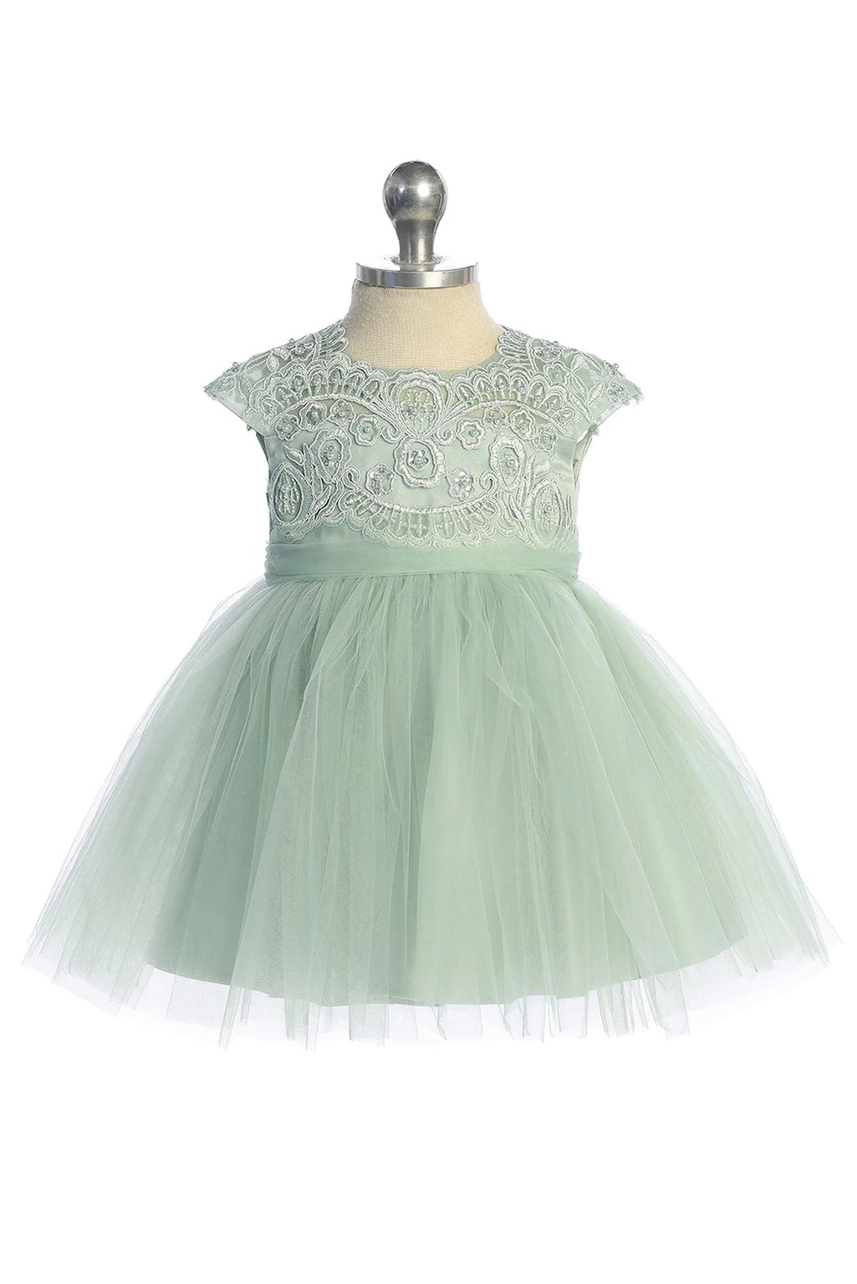 Beaded floral lace accents this sage flower girl dress.