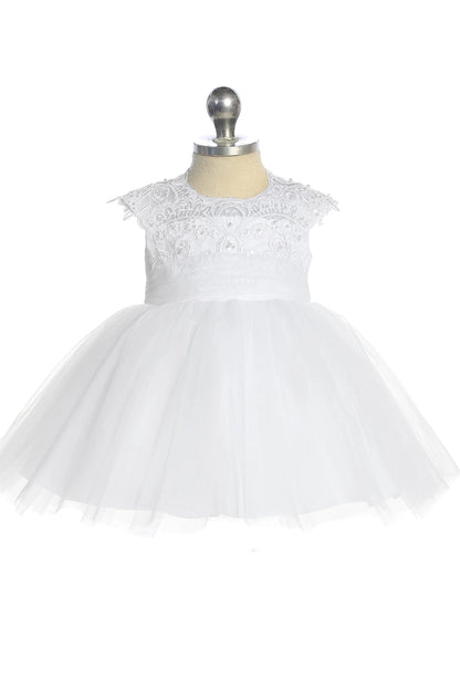 This white flower girl dress displays a floral lace bodice.