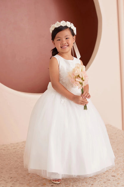 Front view of the ivory 3d floral lace with a bow back flower girl dress.