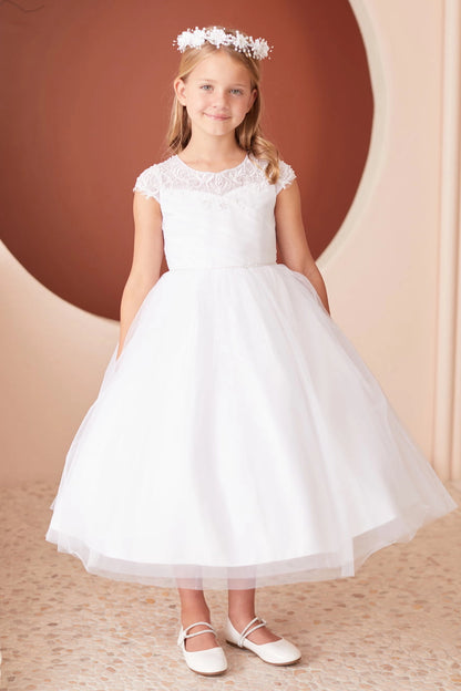 Shown here, a white flower girl dress with lace cap sleeves.