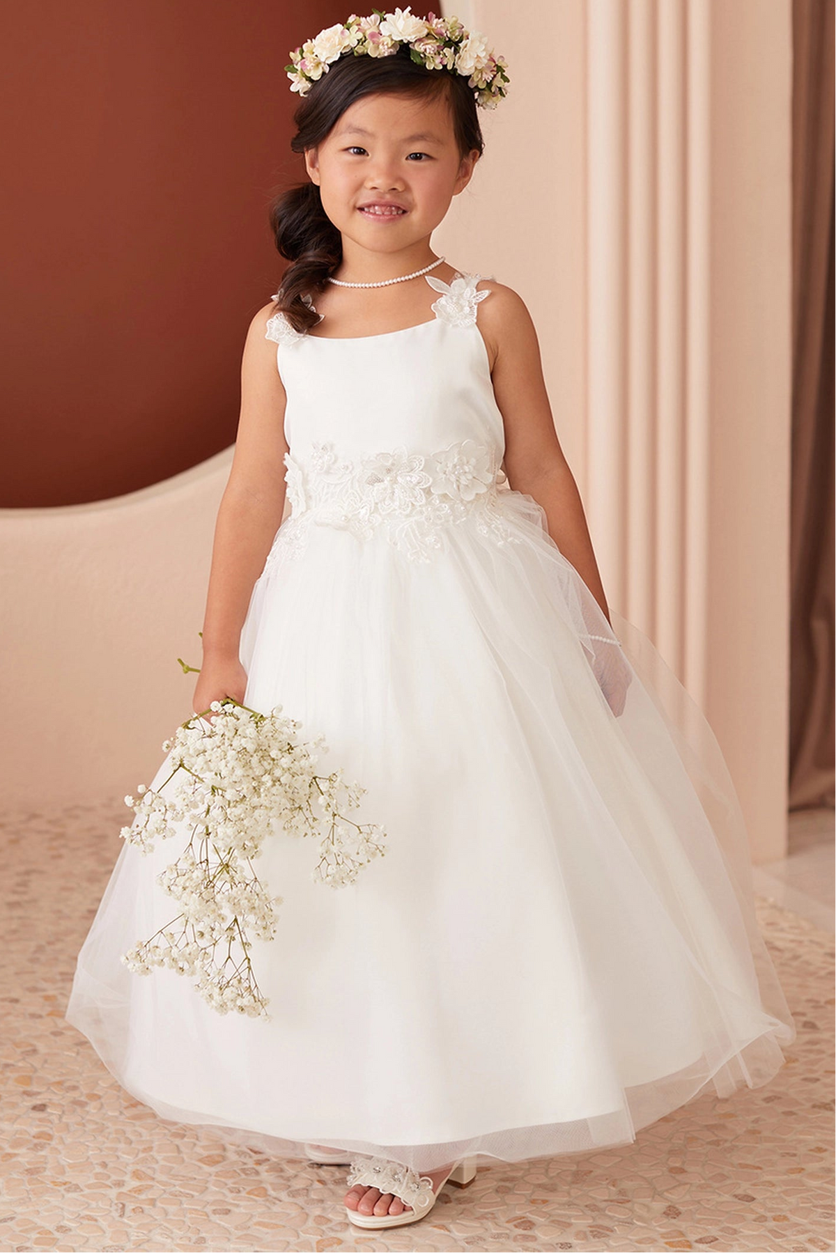 Off-White Spaghetti Strap Satin with 3D Flowers Flower Girl Dress