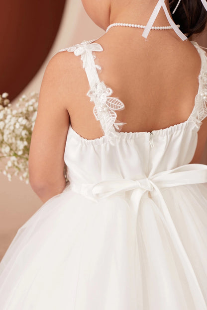 Off-White Spaghetti Strap Satin with 3D Flowers Flower Girl Dress