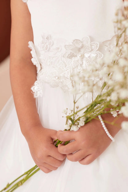 Off-White Spaghetti Strap Satin with 3D Flowers Flower Girl Dress