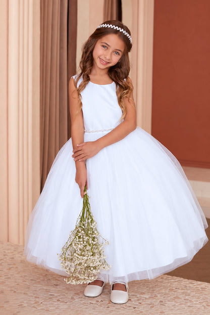 Front view of Tiptop 5863 white flower girl dress with a sleeveless satin bodice, delicate beaded waistband and tea-length tulle skirt.