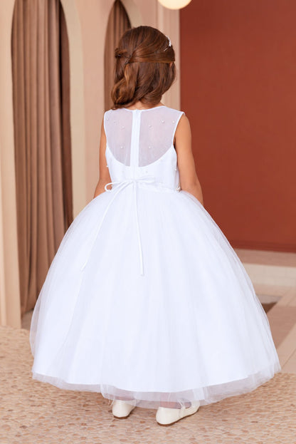 Back view of Tiptop 5863 white flower girl dress with a pearl-accented sheer back, narrow satin tie bow and layered tulle skirt.