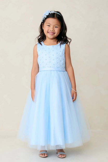 Tiny beaded bodice is visible on the sky blue flower girl dress.