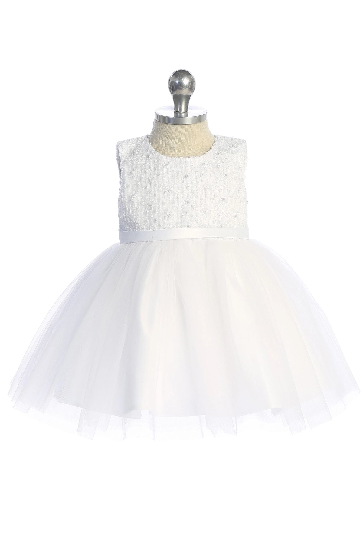 Focus on a beaded sleeveless bodice of the white flower girl dress.
