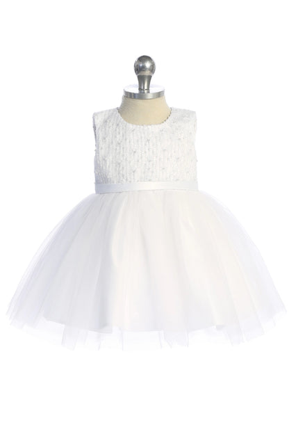 Focus on a beaded sleeveless bodice of the white flower girl dress.