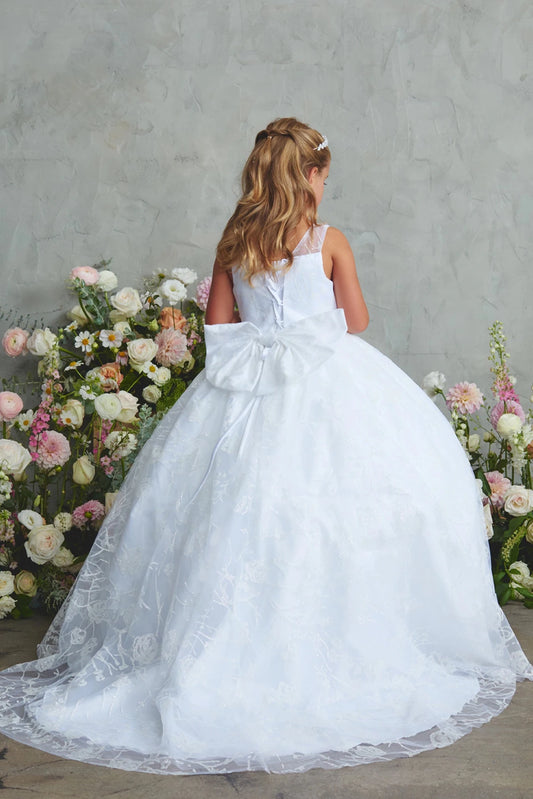 Oversized back bow accents this white flower girl dress.