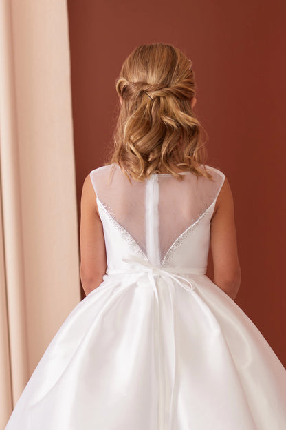 White flower girl dress with deep V back.