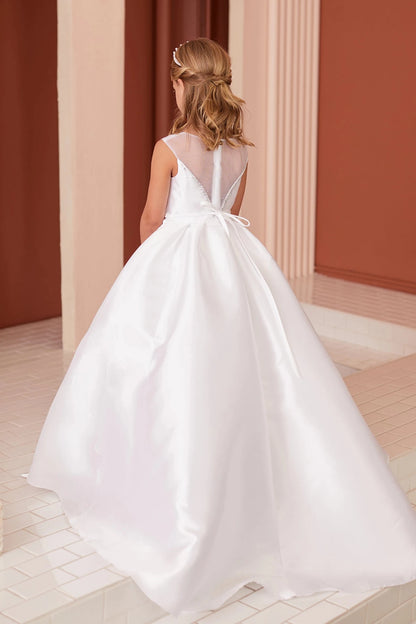 Featuring a slender back sash, a white flower girl dress.
