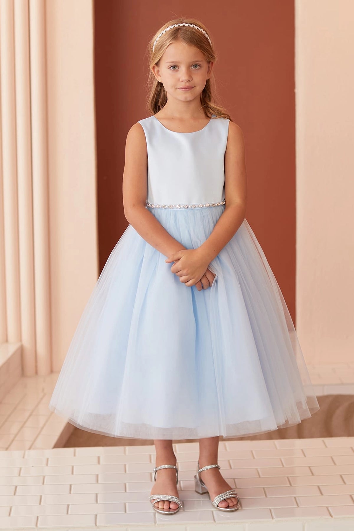 Sky Blue kids pageant dress featuring a pearl-accented waist and tulle skirt.