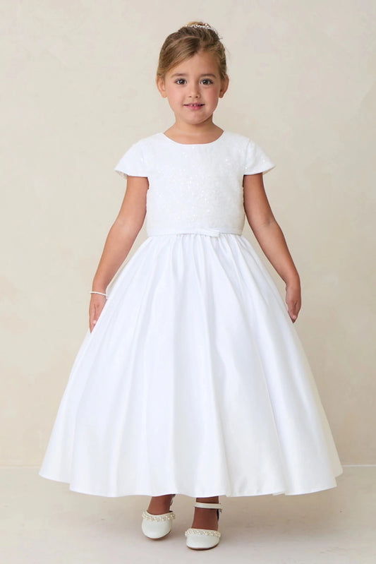 Short cap sleeves top the off-white flower girl dress's fitted bodice.