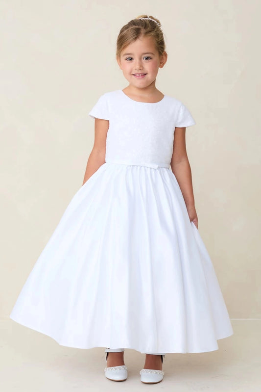 Full satin skirt accents this white flower girl dress.